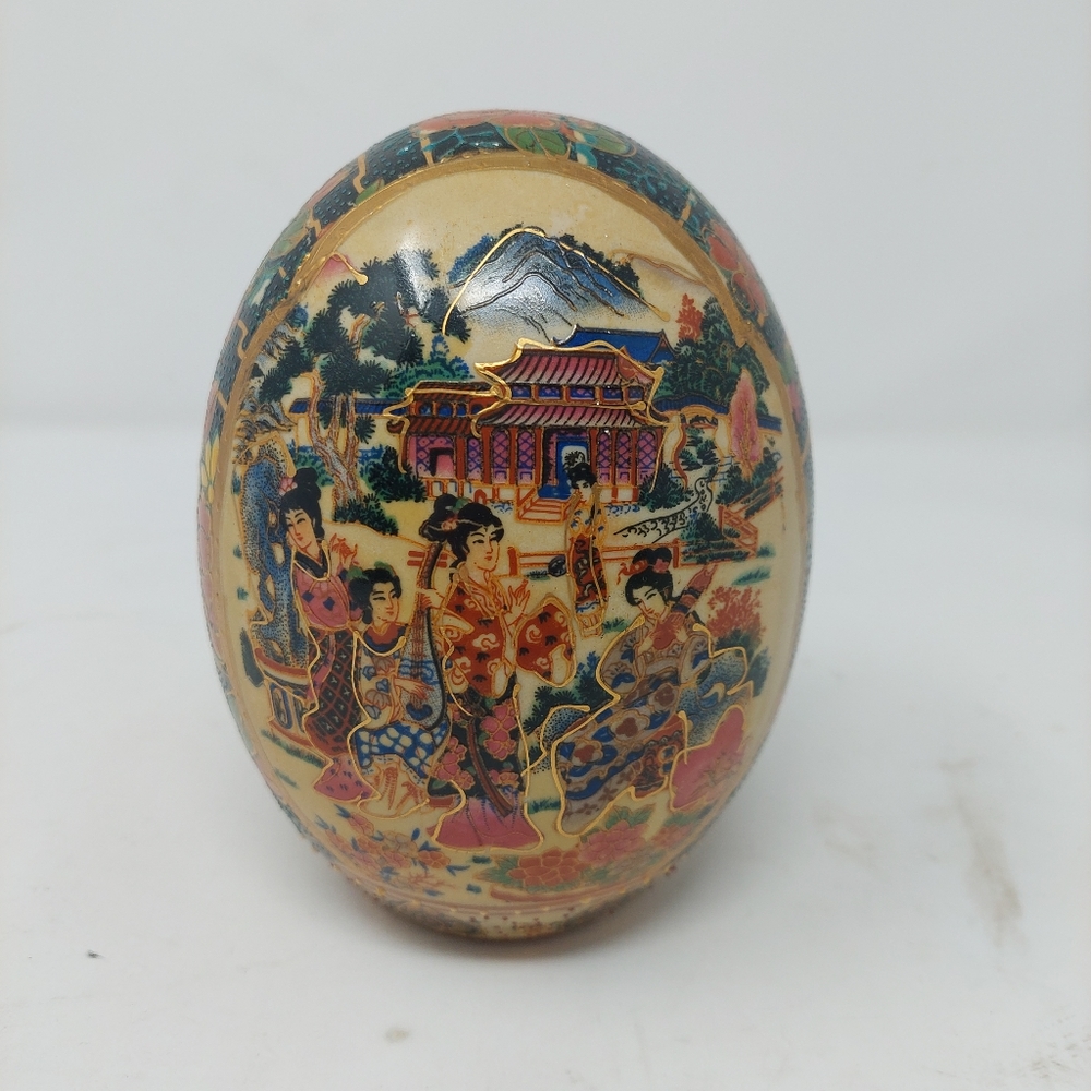 Vintage Japanese Geisha Cloisonne Egg Moriage Hand Painted Oriental Floral Decor